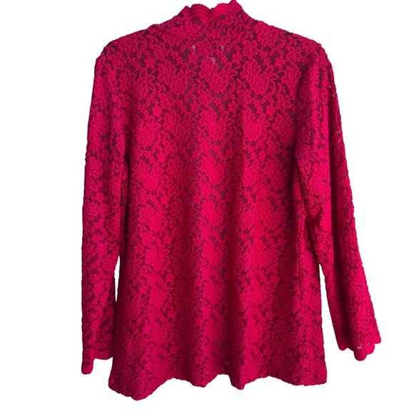 Susan Graver Style Red Lace Semi Sheer Scalloped Edge Open Front Cardigan M - Picture 2 of 9